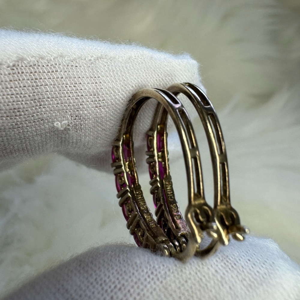 925 SILVER GOLDTONE LAB CREATED RUBY EARRINGS - Picture 12 of 16